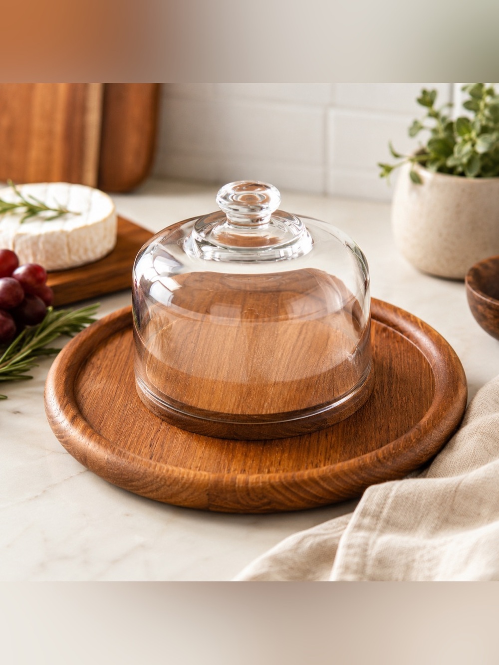 Vintage Danish Modern Teak Cheese Board with Glass Dome Cloche MCM Serving Tray